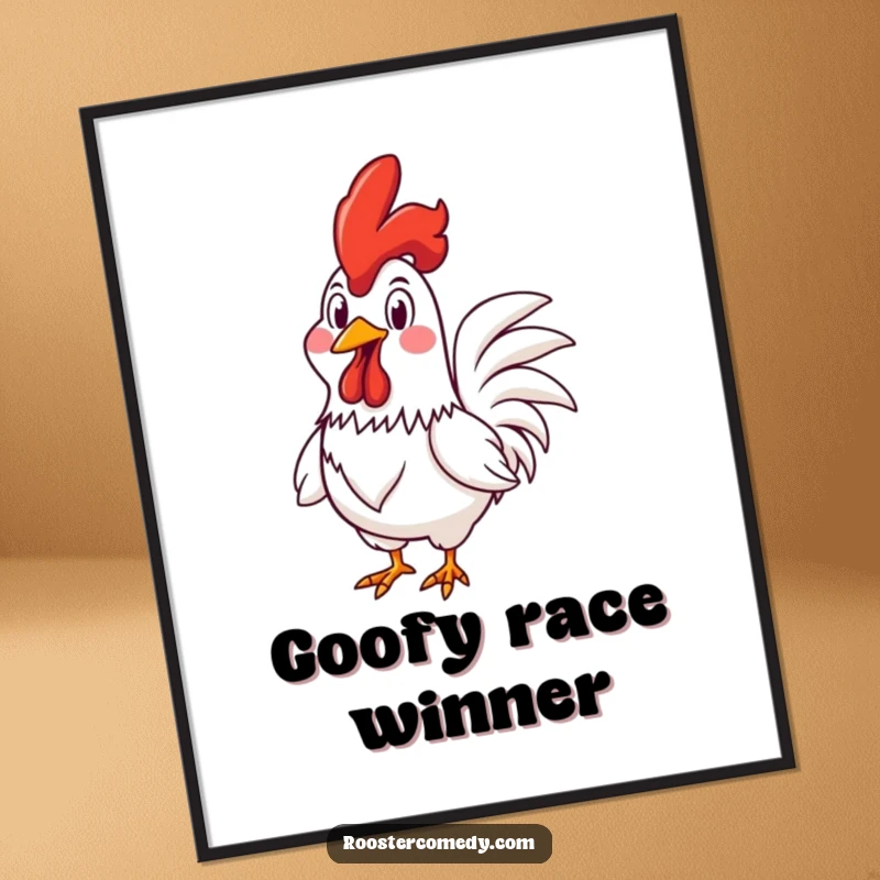 Funny Rooster poster showing a rooster in a race with an infectious goofy grin, capturing a moment of pure, fun-filled excitement.