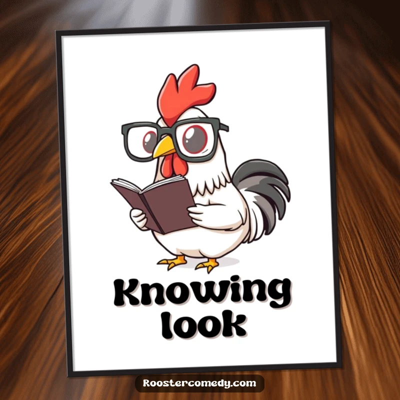 Funny rooster poster showcasing a bird with oversized spectacles reading a small book. Intellectual and humorous wall decor.
