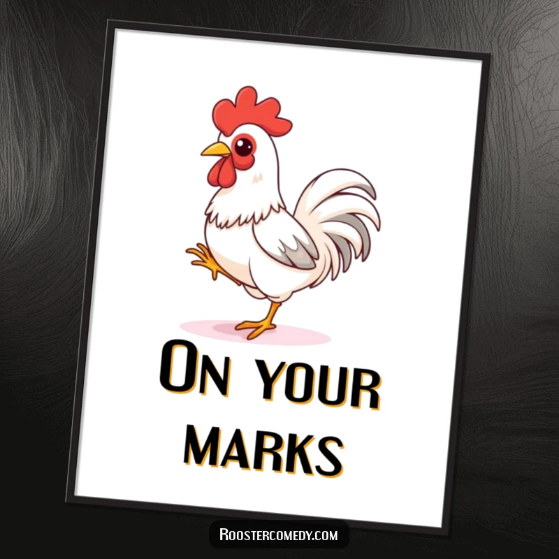 Funny rooster poster, a stylized illustration of a bird tapping its foot, ready to sprint, exuding playful energy.
