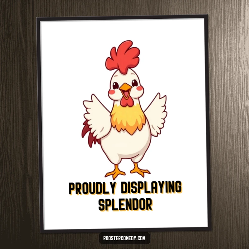 Funny poster capturing a rooster enthusiastically fanning its vibrant tail feathers with a wide grin, celebrating its proud and showy nature.