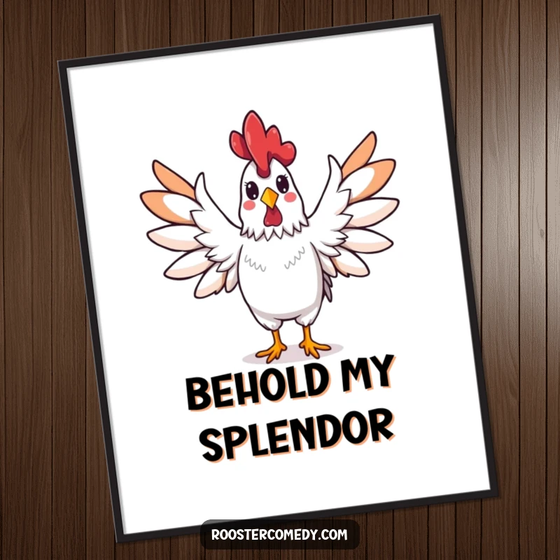 Funny rooster poster, a rooster spreading its wings wide triumphantly, symbolizing achievement and bold celebration.