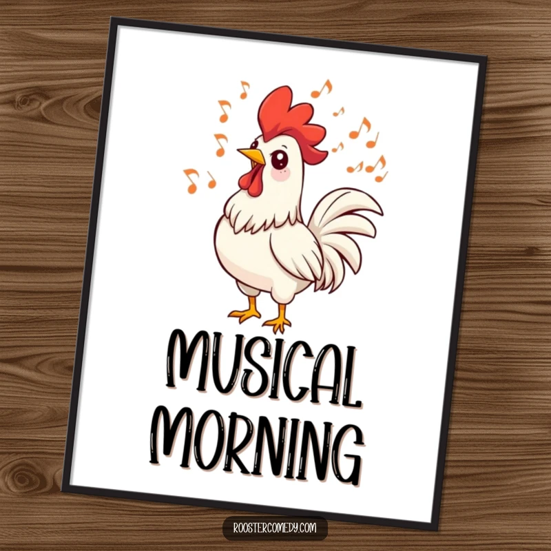 Funny rooster poster depicting a bird singing happily with musical notes swirling around its head. Cheerful wall decor.