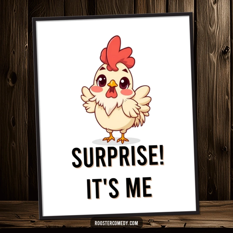 Funny Surprised Rooster Poster, wall art of a shocked rooster, wide eyes and ruffled feathers, humorous and funny bird art.