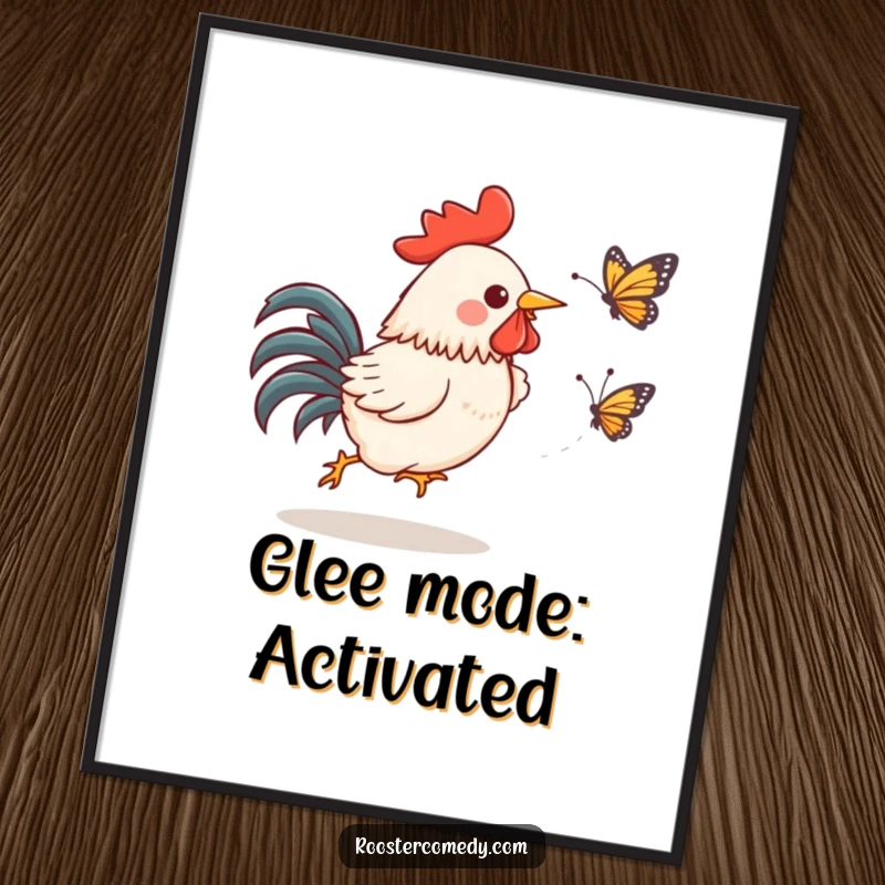 Funny Kawaii Rooster Poster: A gleeful rooster hilariously chases a startled butterfly, delightful funny gift.