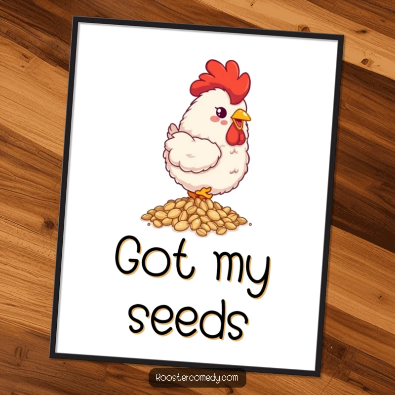 Funny fluffy rooster poster, happily pecking shiny seeds, cute wall art, adds lighthearted joy, great funny gift.