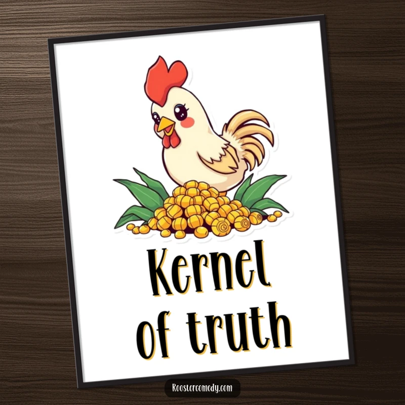 Funny Poster of a small rooster with bright, sparkling eyes, enthusiastically pecking at a large pile of corn, bringing farm charm.