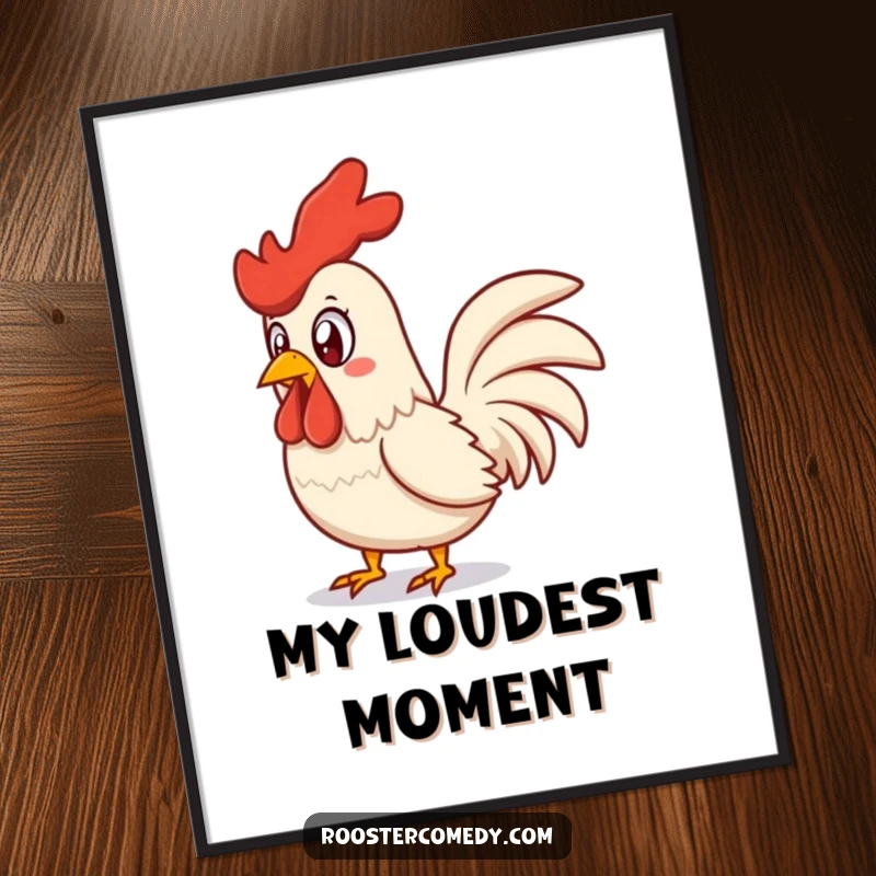Funny surprised rooster poster, a vibrant depiction of a startled chicken mid-squawk, radiating comedic surprise and energy.