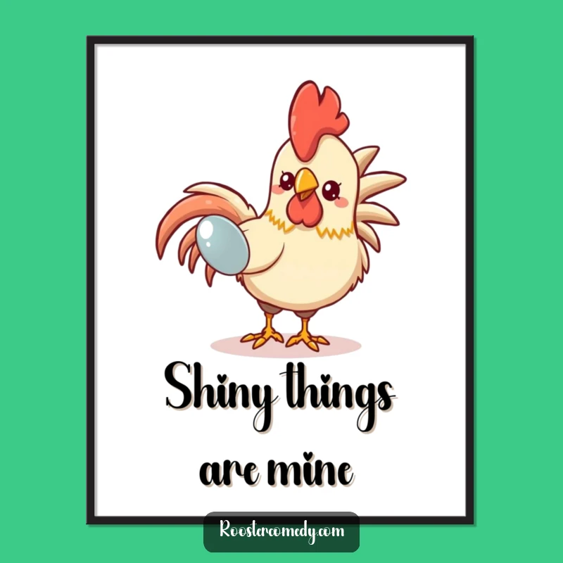 Funny Kawaii Rooster Art Print: Shiny Object Obsession Decor - Unique Funny Gift