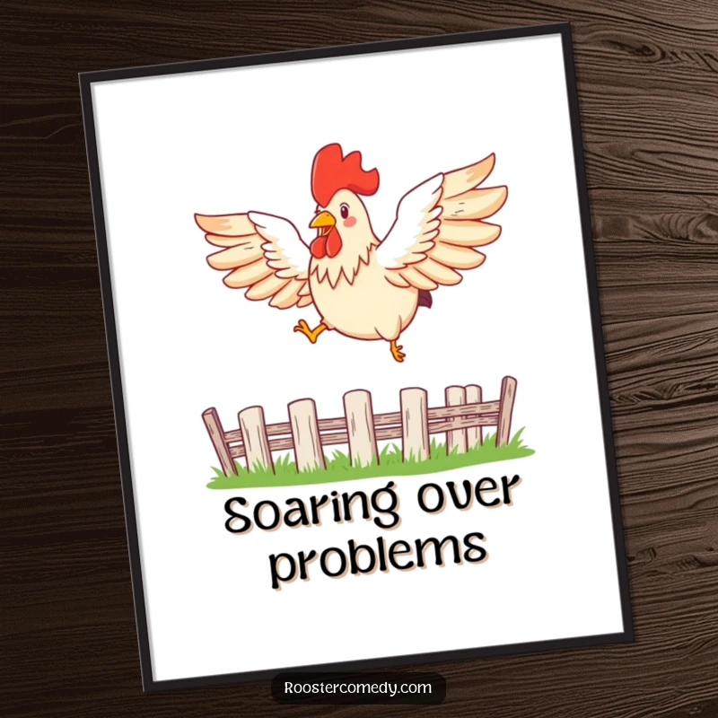Funny leaping rooster poster capturing a bird with wide-spread wings, jumping over a fence with grace.