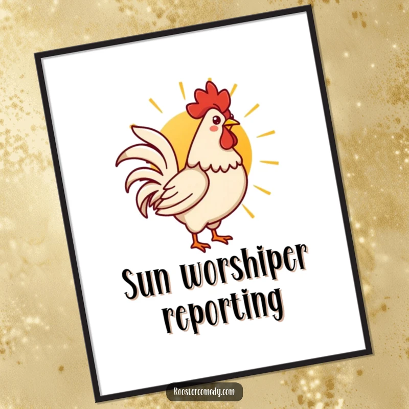 Funny Kawaii rooster energetically crowing at a beautiful rising sun, featured as charming wall art.