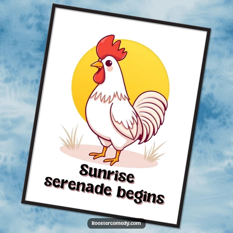 Funny Kawaii rooster poster showing a cute rooster crowing at a vibrant sunrise, bringing cheerful energy and morning vibes to any wall.