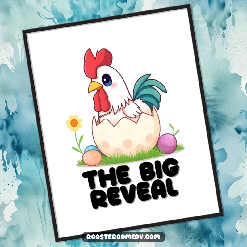 Funny surprise rooster Easter poster, wide eyes, popping out of egg, humorous wall art, festive decor.
