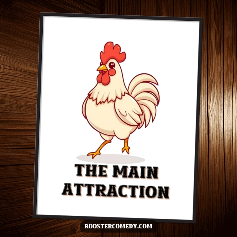 Funny Kawaii rooster strutting proudly with puffed chest, featured as charming wall art.