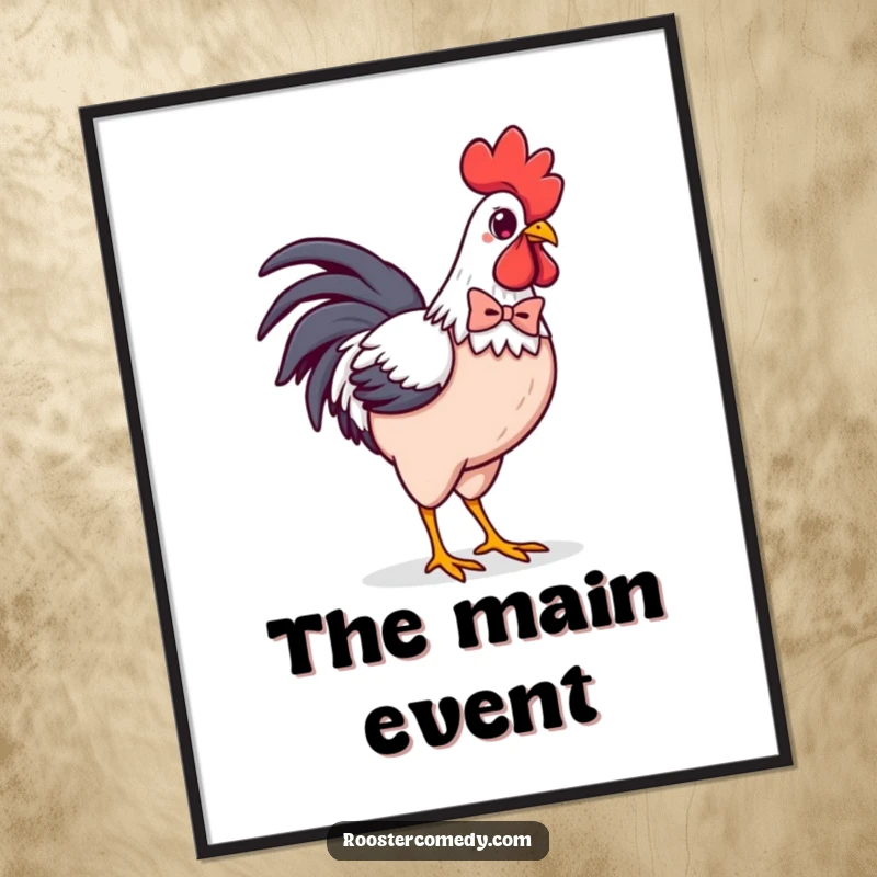 Funny Kawaii Rooster Bowtie Poster: Confident chicken strutting with a tiny bowtie, elegant and humorous wall art, perfect for any room.