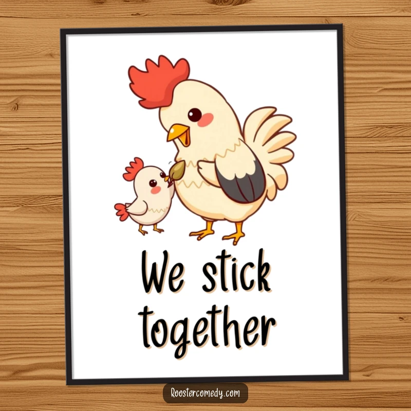 Funny Kawaii Rooster Poster: A charming illustration of a rooster sharing a seed, celebrating friendship and kindness.
