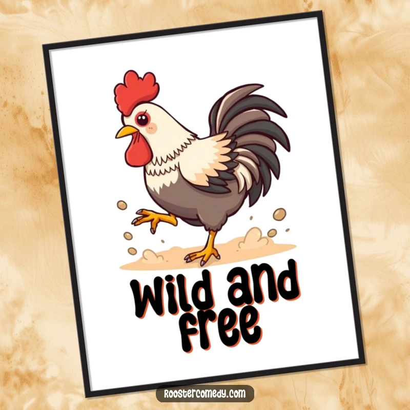 Funny Kawaii Rooster Dust Poster: Playful chicken kicking up dust energetically, vibrant and humorous wall art, perfect for adding character.