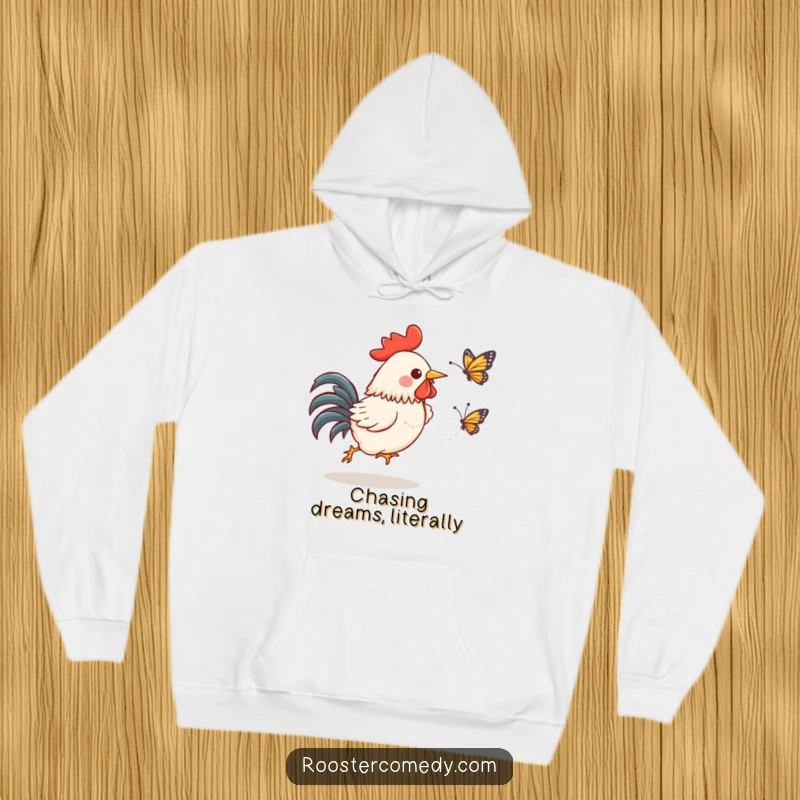 Funny Kawaii Rooster Hoodie: A gleeful rooster hilariously chases a startled butterfly, incredibly cozy funny gift.