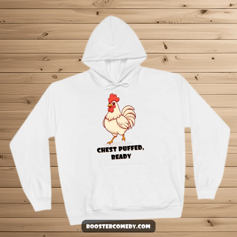 Funny Kawaii rooster strutting confidently with a puffed chest, depicted on a warm and cozy hoodie.