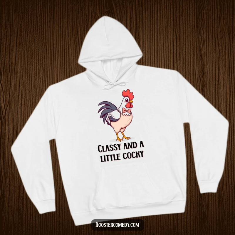 Funny Kawaii Rooster Bowtie Hoodie: Dapper and confident chicken strutting with a tiny bowtie, warm and stylish apparel for all.