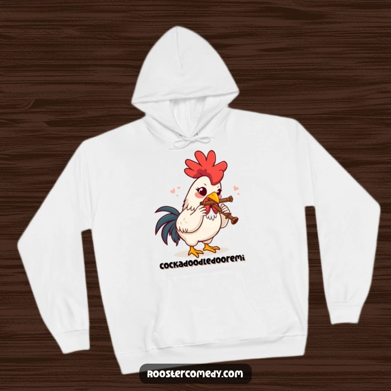 Funny Hoodie featuring a rooster immersed in playing a tiny flute, its face a picture of pure, unadulterated delight.
