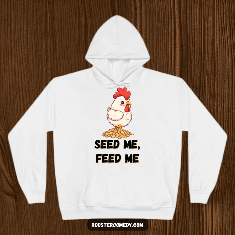 Funny fluffy rooster hoodie, warm and cozy, happily pecking seeds, cute farm animal apparel, perfect funny gift.