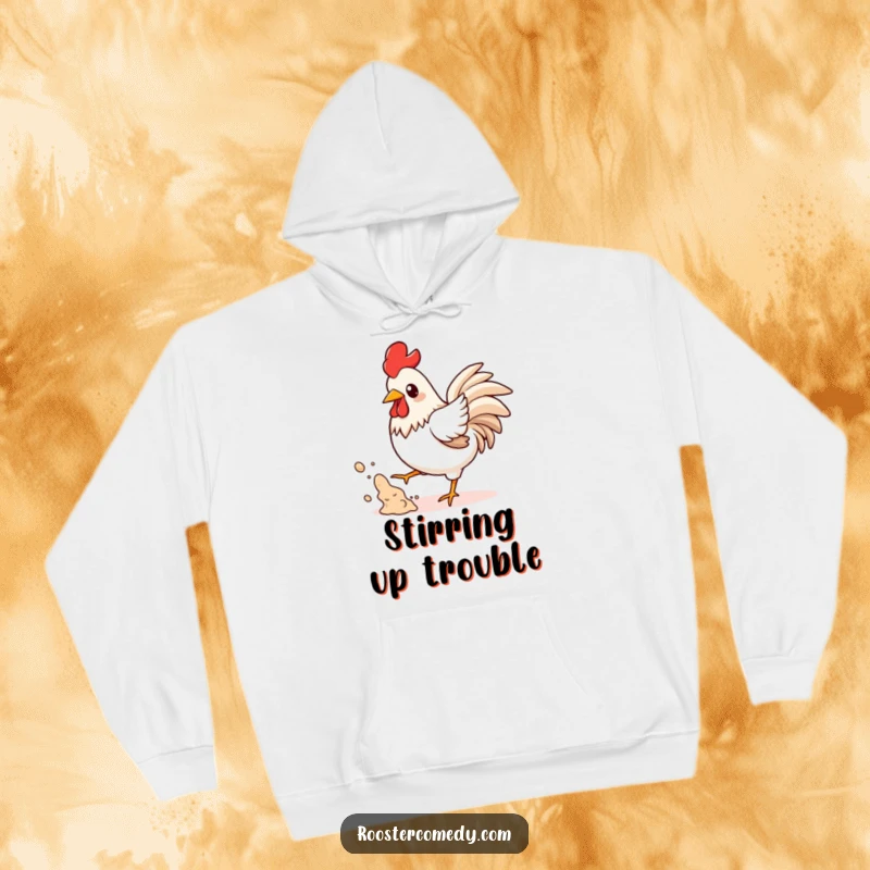 Funny Kawaii Rooster Hoodie: A kawaii rooster playfully kicks up dust, showcasing a funny, energetic design for cozy wear.