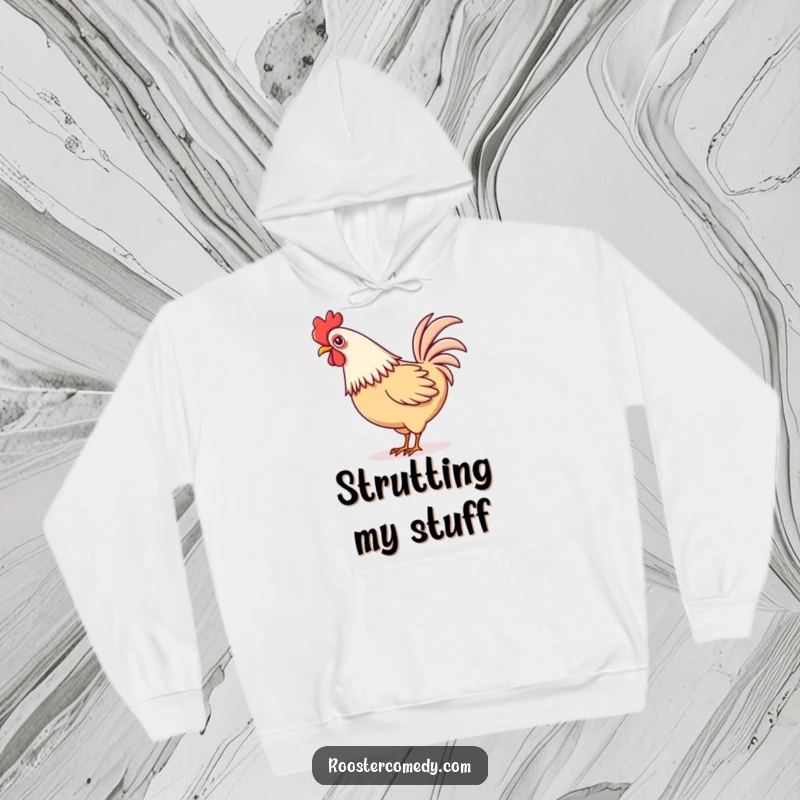 Funny Kawaii rooster hoodie featuring a cute rooster playfully wagging its colorful tail feathers.