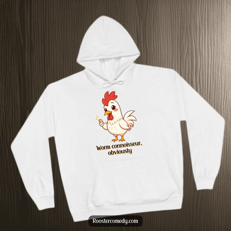 Funny Rooster Hoodie: Warm and cozy hoodie with a smiling rooster offering a tiny worm, a humorous and stylish piece.