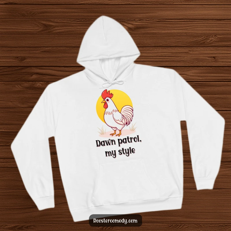 Funny Kawaii rooster hoodie featuring a cute rooster crowing at a vibrant sunrise, perfect for cozy mornings and cheerful vibes.