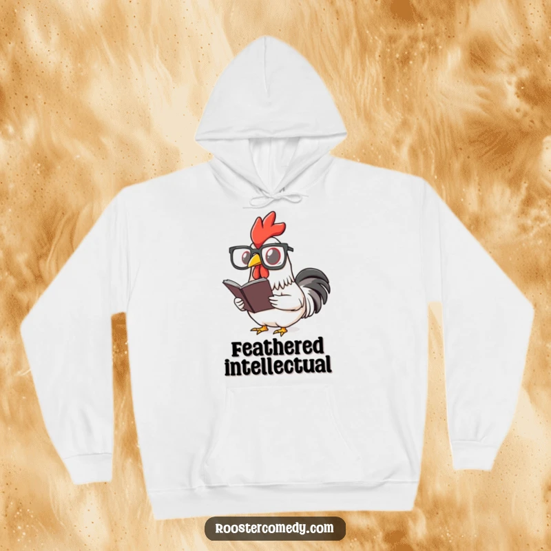 Funny rooster hoodie depicting a bird wearing reading glasses and engrossed in a tiny book. Cozy and intellectual.