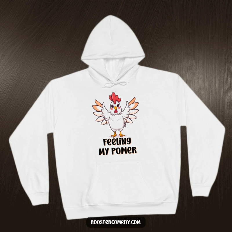 Funny rooster hoodie, a rooster spreading its wings in a triumphant gesture, perfect for celebrating achievements.