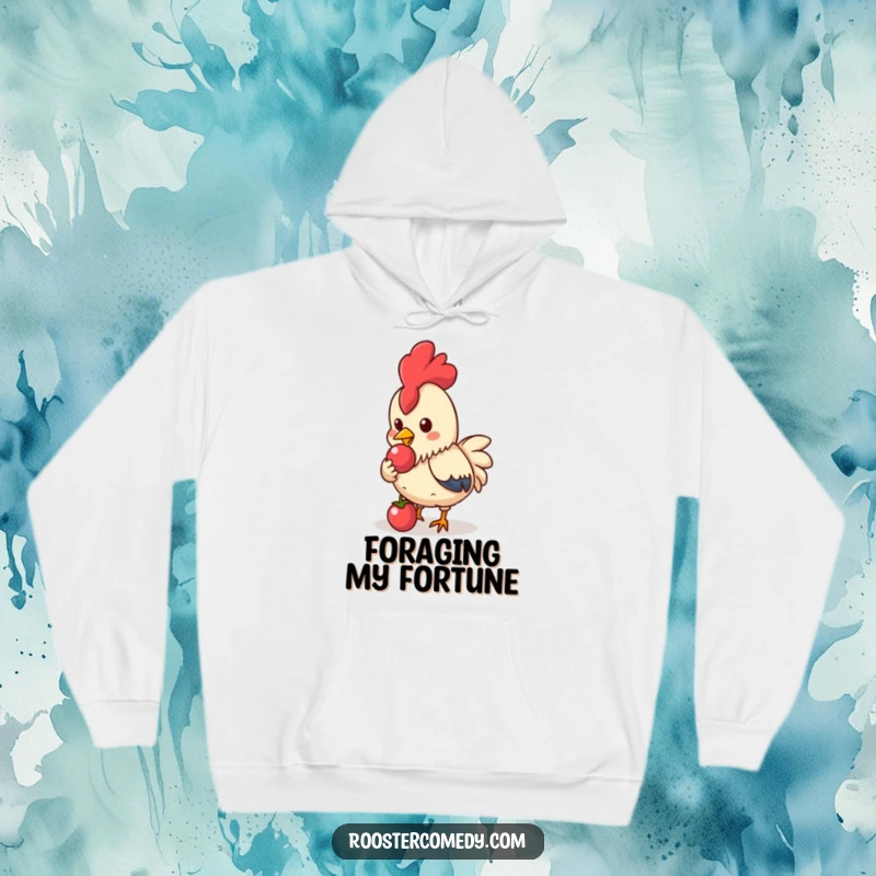 Funny Kawaii Rooster Hoodie: Cute rooster pecking a shiny berry, perfect cozy funny gift.