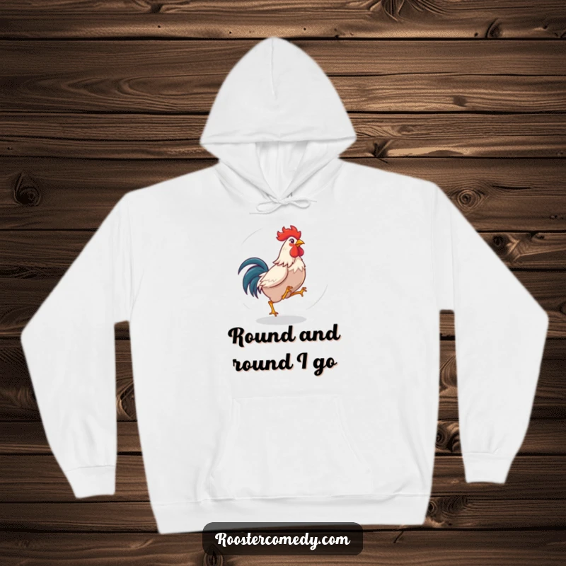 Funny rooster hoodie with a bird chasing its tail in a circle, perfect for cozy comfort and playful vibes.