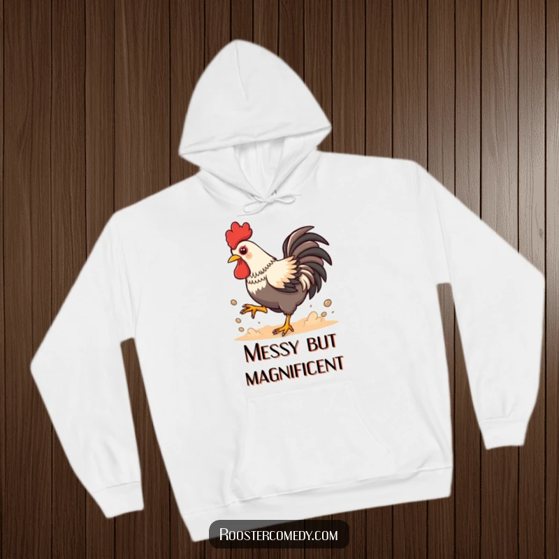 Funny Kawaii Rooster Dust Hoodie: Playful chicken kicking up dust energetically, cozy and fun apparel for chilly days and relaxation.