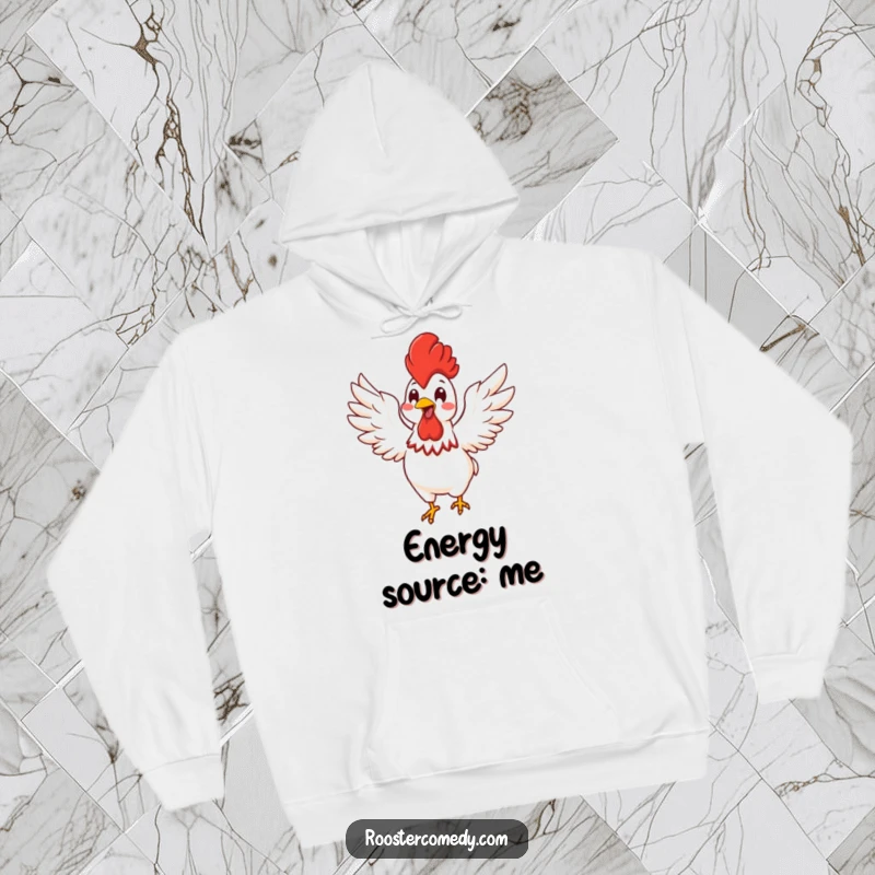 Funny Kawaii rooster flapping its wings with glee, depicted on a warm and cozy hoodie.