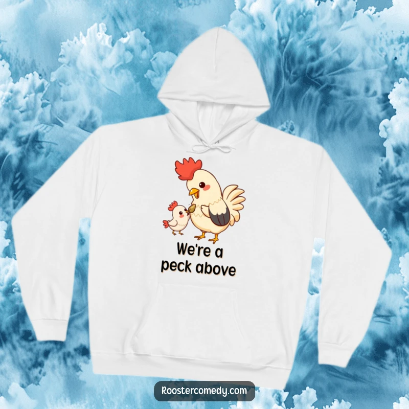 Funny Kawaii Rooster Hoodie: A cute rooster sharing a seed with its friend, a symbol of kindness and connection.