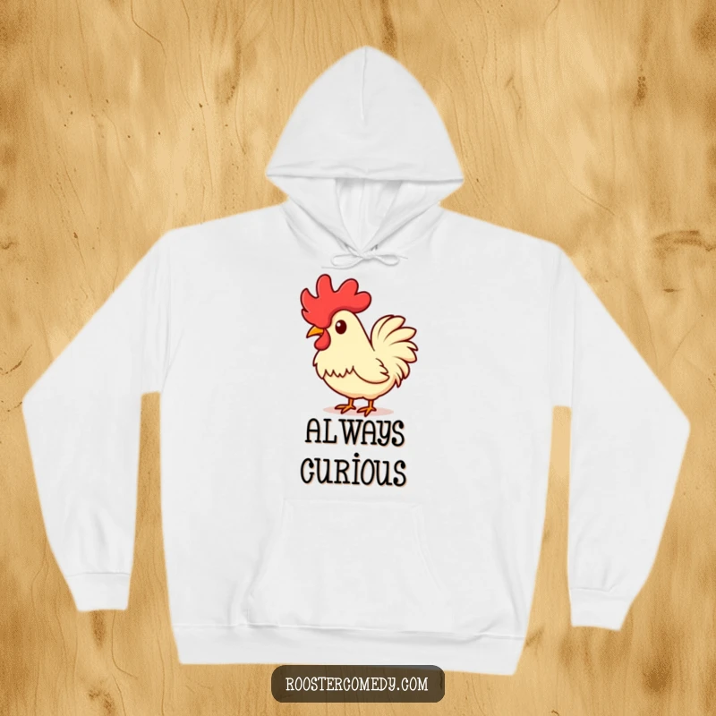 Funny Kawaii Rooster Hoodie: A lovable rooster tilting its head, comb poised questioningly. A cozy and funny gift.