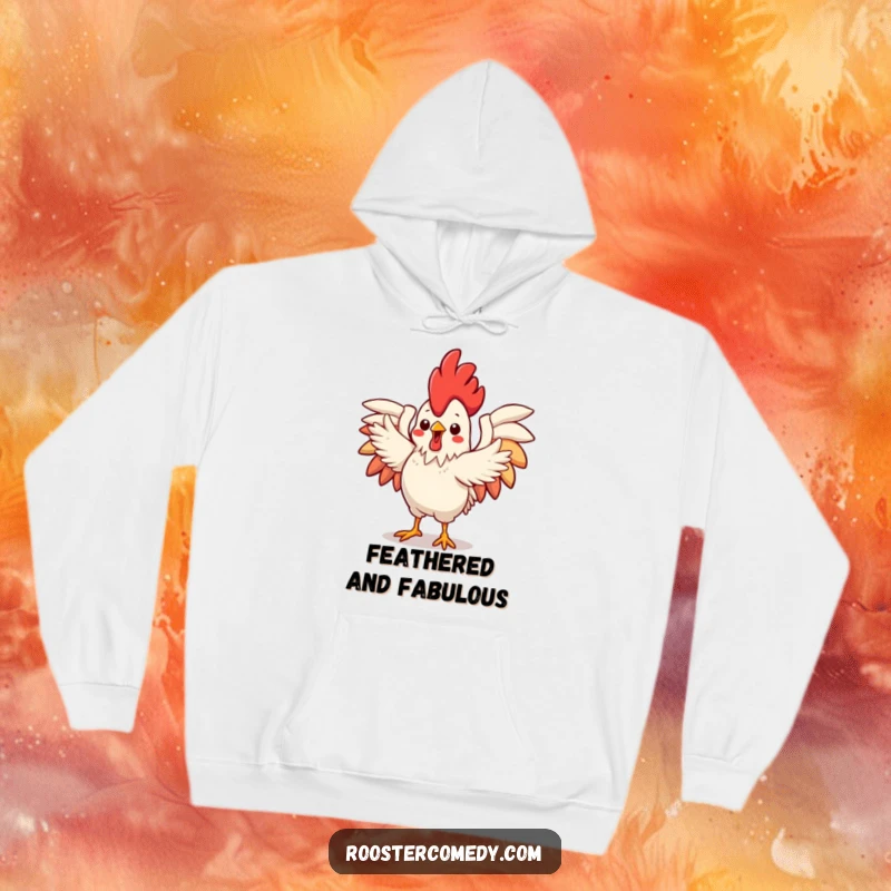Funny Hoodie showcasing a cute Kawaii rooster with wings outstretched, performing a fun and flamboyant dance, perfect for cozying up or dancing.