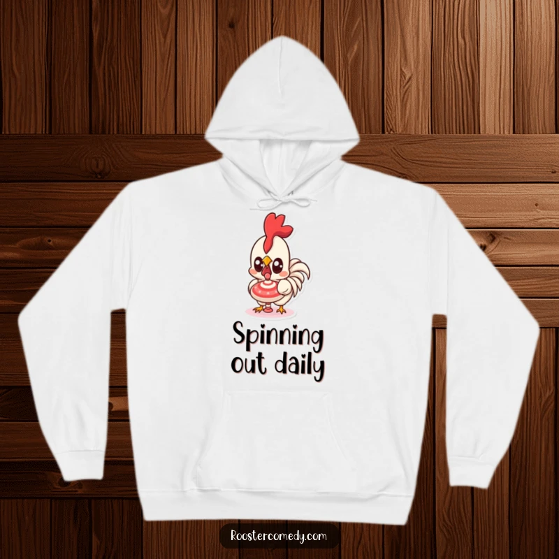 Funny Kawaii Rooster Hoodie: A lovable rooster with big, expressive eyes, captivated by a spinning top. A cozy funny gift.