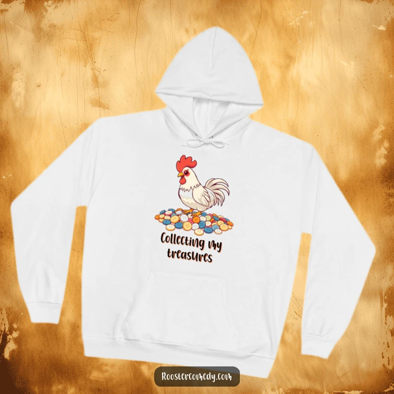 Funny Pecking Rooster Hoodie, warm sweatshirt with a rooster pecking buttons, shiny and humorous bird apparel, great for cool days.