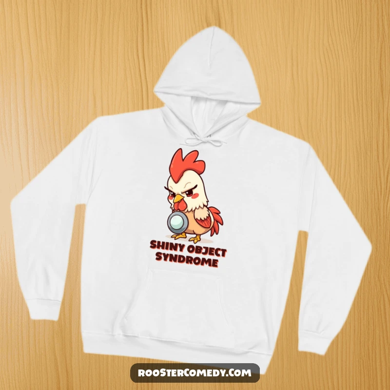 Funny rooster hoodie, a mischievous rooster pecking at a shiny button, perfect for adding humor to cold days.