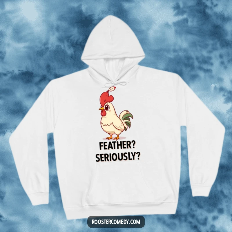 Funny Rooster Hoodie, showing a bird looking up in comical surprise at a feather, perfect for cozy humor.