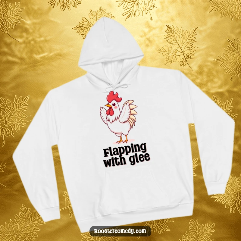 Funny Rooster hoodie featuring an excited bird flapping its wings with vigor, showing pure joy and energetic motion.