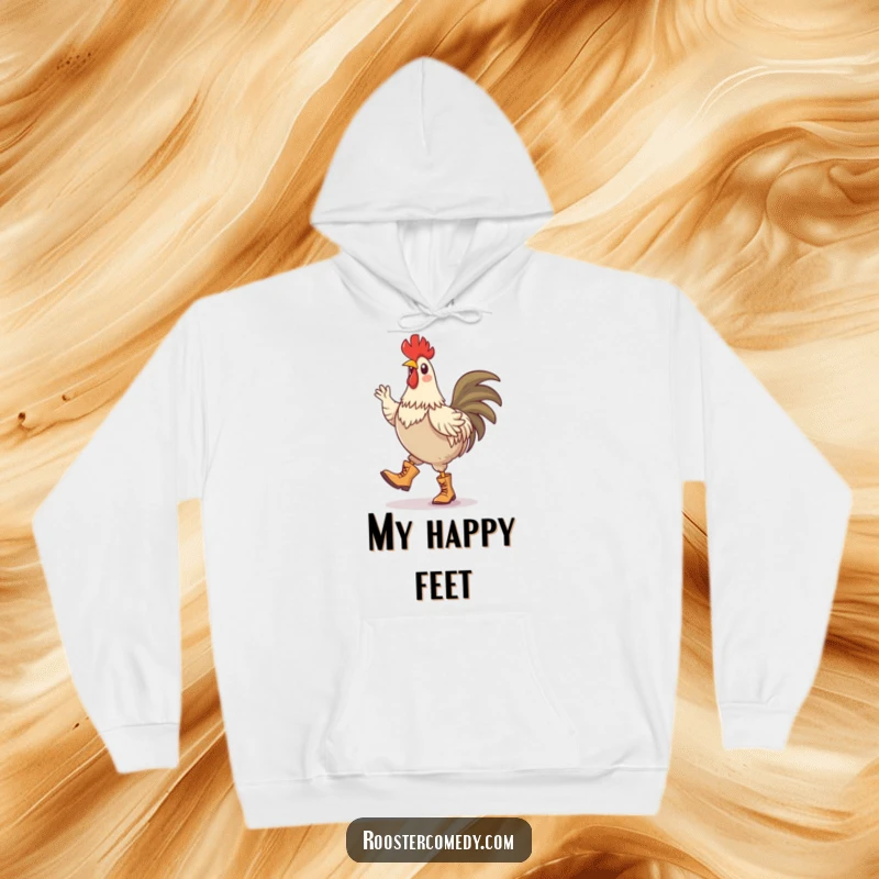 Funny hoodie showcasing a rooster sporting tiny boots while performing a lively and silly jig, full of character.