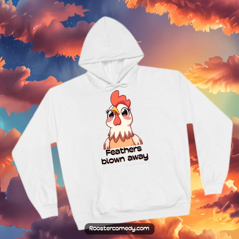 Funny Rooster Sky Surprise Hoodie: Warm hoodie depicting a rooster with wide, surprised eyes looking up at the sky, bringing humor.