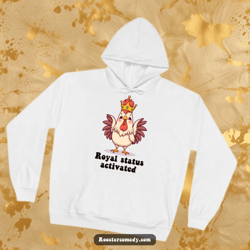 Funny Royal Rooster Crowing Hoodie, warm sweatshirt with a proud crowned rooster, majestic and funny bird apparel, perfect for chill days.