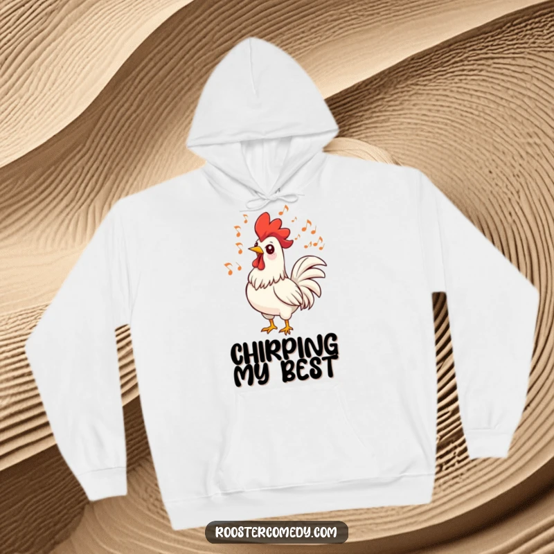 Funny rooster hoodie with a bird singing and musical notes swirling, perfect for music enthusiasts and cozy comfort.