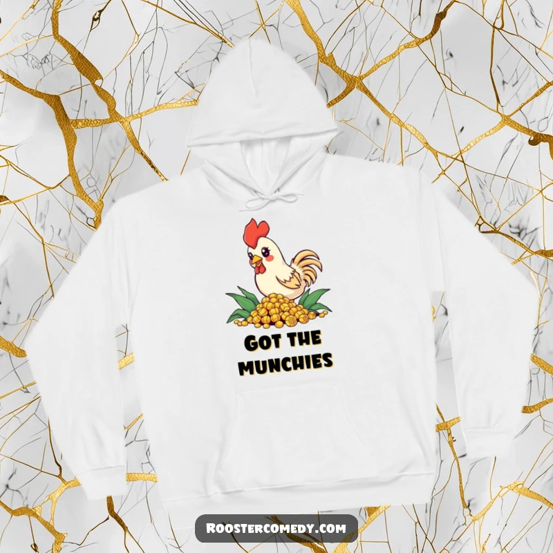Funny Hoodie depicting a small rooster with sparkling eyes, deeply engrossed in enthusiastically pecking at a pile of corn, perfect for farm fans.