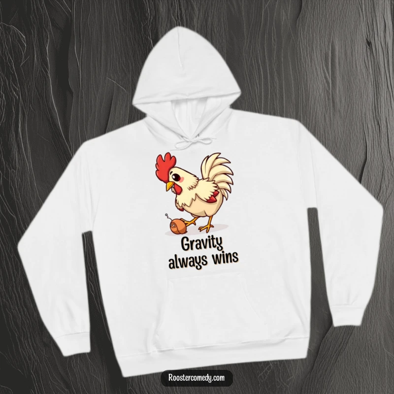 Funny hoodie showcasing a rooster comically tripping mid-stride while trying to catch a worm, a perfect blend of humor and warmth.