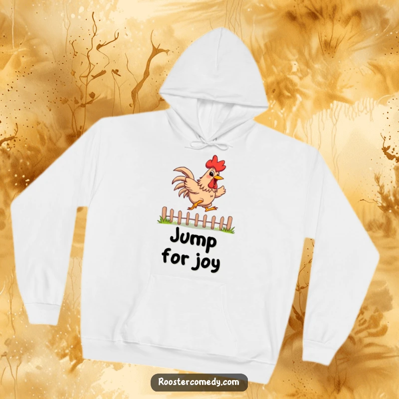 Funny Hoodie depicting a rooster with a wide, energetic grin, enthusiastically jumping over a low fence, perfect for active individuals.